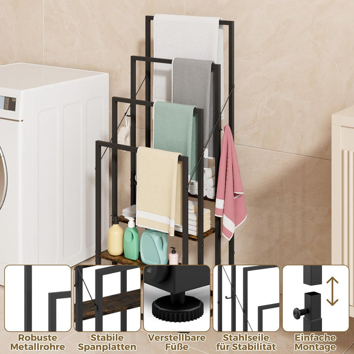 Handtuchständer, Handtuchhalter Stehend mit 4 Handtuchstangen, 3 Ablagen, 2 Haken, Freistehender Bad