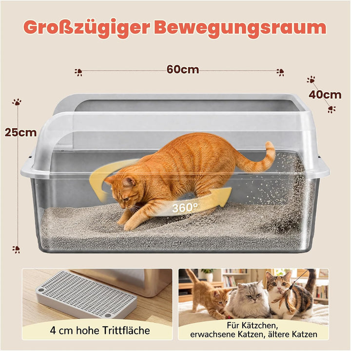 Katzenklo Edelstahl, Katzentoilette Gross XXL mit Metall Schaufel, 50L Katzenklo mit Abnehmbares Hoh