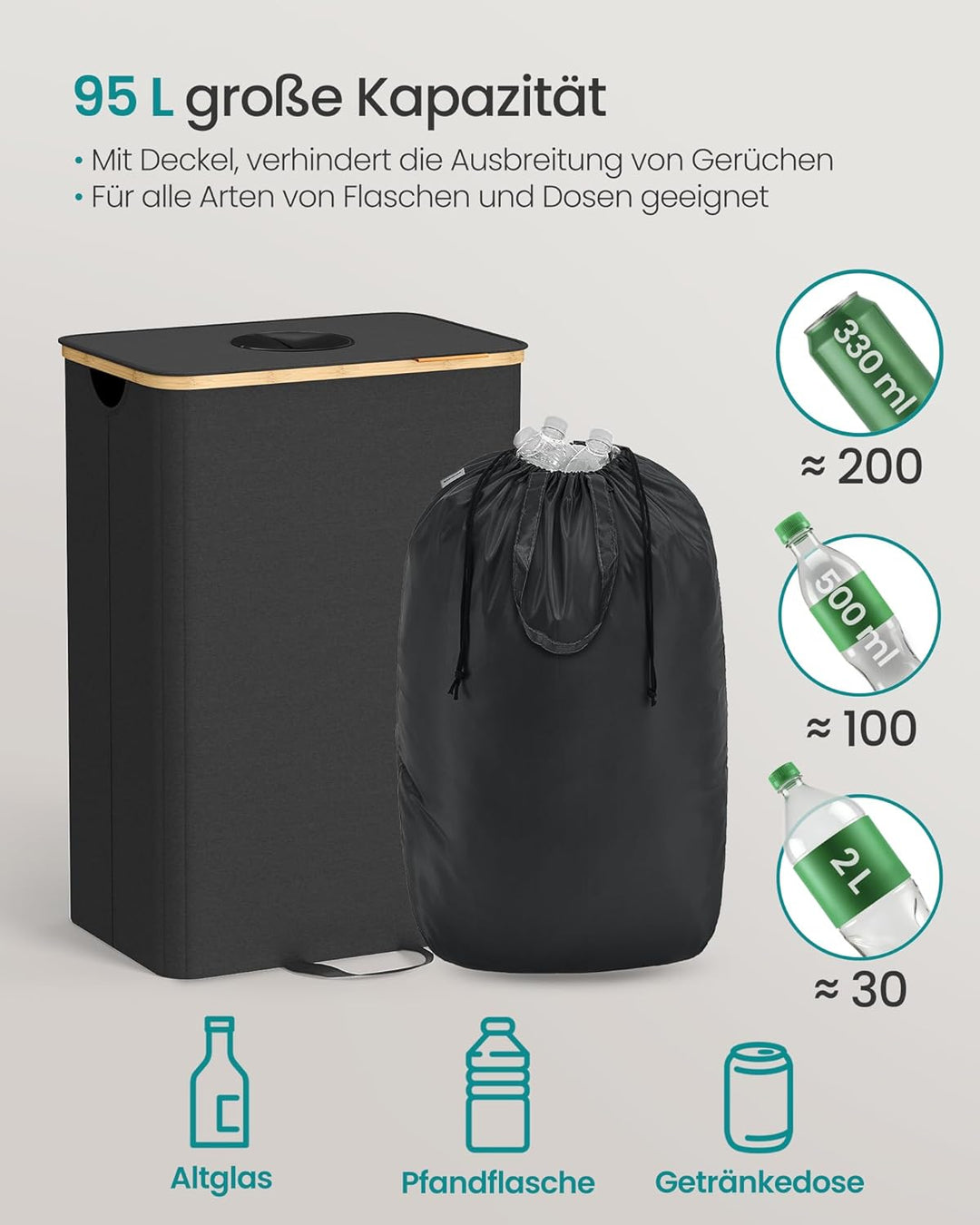 SONGMICS Pfandflaschen-Sammelbehälter, 95 L Pfandflaschen-Behälter, Flaschensammler Leergut, Recycli