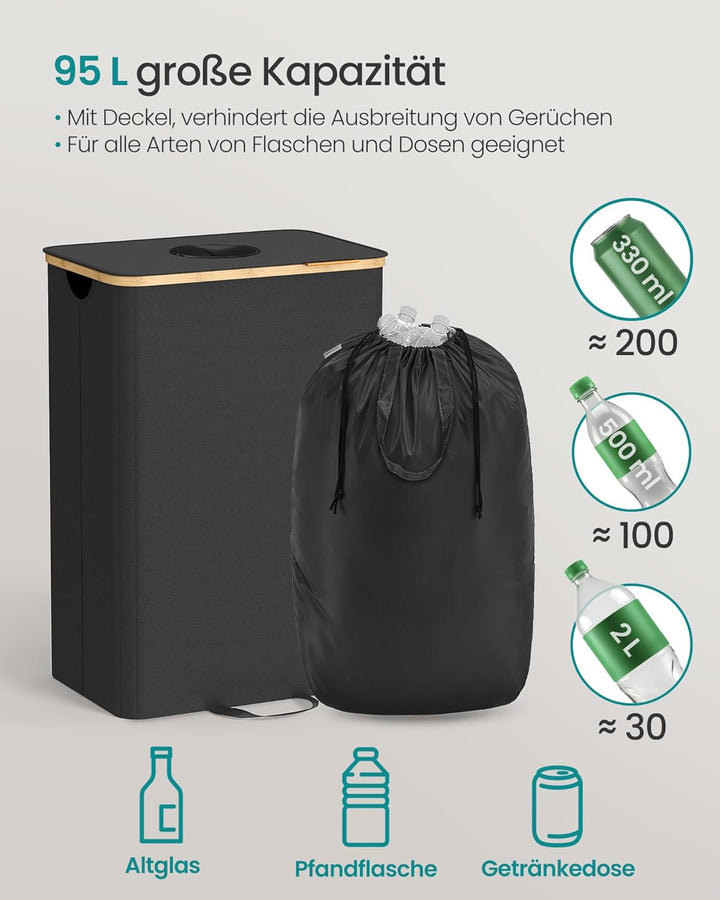 SONGMICS Pfandflaschen-Sammelbehälter, 95 L Pfandflaschen-Behälter, Flaschensammler Leergut, Recycli
