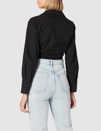 NA-KD Damen Overlap Cropped Shirt Hemd 34 Schwarz, 34 Schwarz