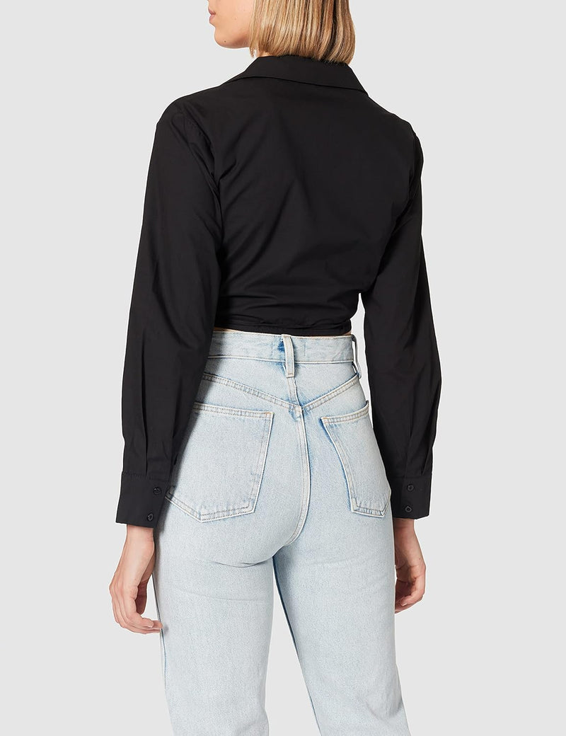 NA-KD Damen Overlap Cropped Shirt Hemd 34 Schwarz, 34 Schwarz