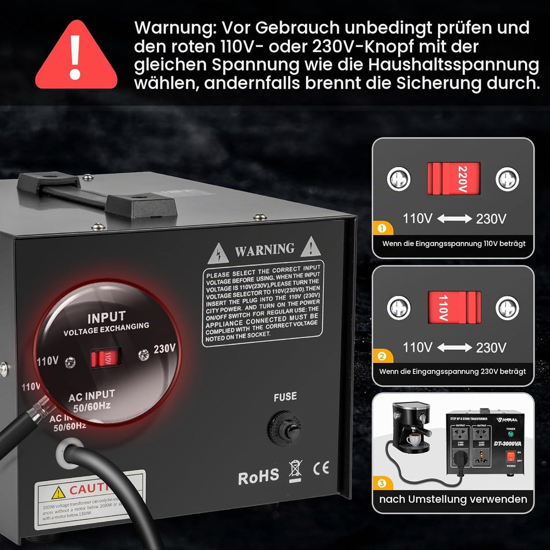 Anbull DT- 3000W Spannungswandler Ringkern-Transformator, Spannungswandler 110V auf 230V, Step up do