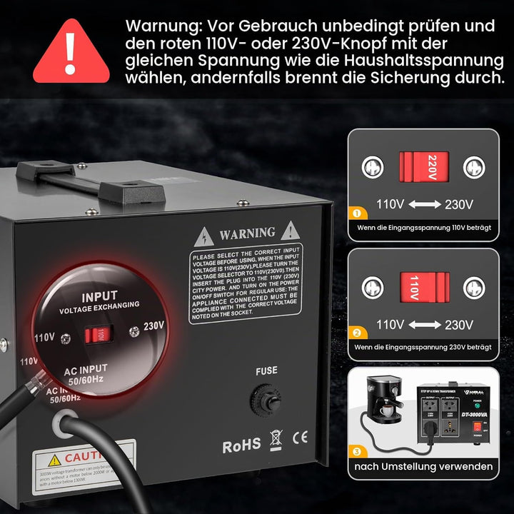 Anbull DT- 3000W Spannungswandler Ringkern-Transformator, Spannungswandler 110V auf 230V, Step up do