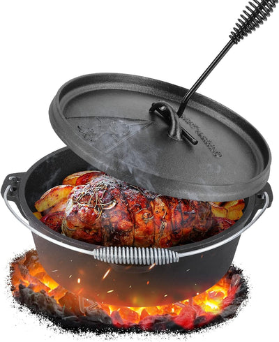 Dutch Oven Set 5.8 Liter, BBQ Feuertopf Schmortopf, Dickem Gusseisen Kochtopf, Dutch-Oven ohne Beine