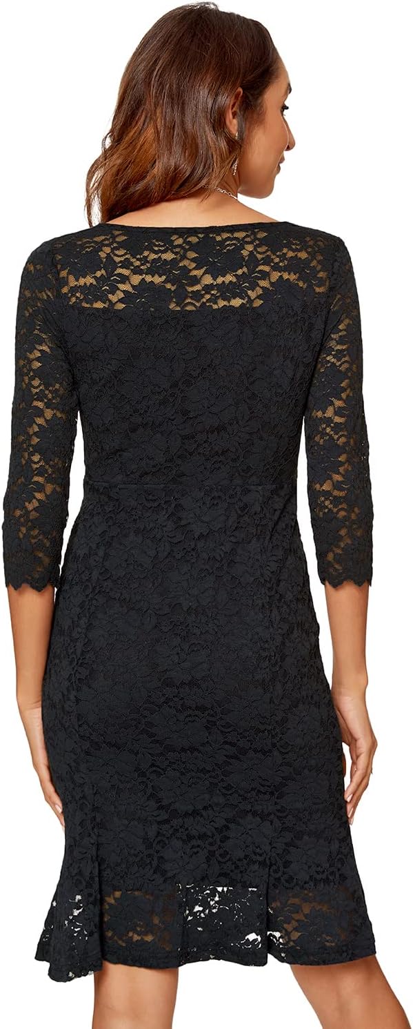 Atnlewhi Damen 3/4 Ärmel Kleid V-Ausschnitt Formeller Abend Bodycon Knielang Vintage Spitzenkleid El