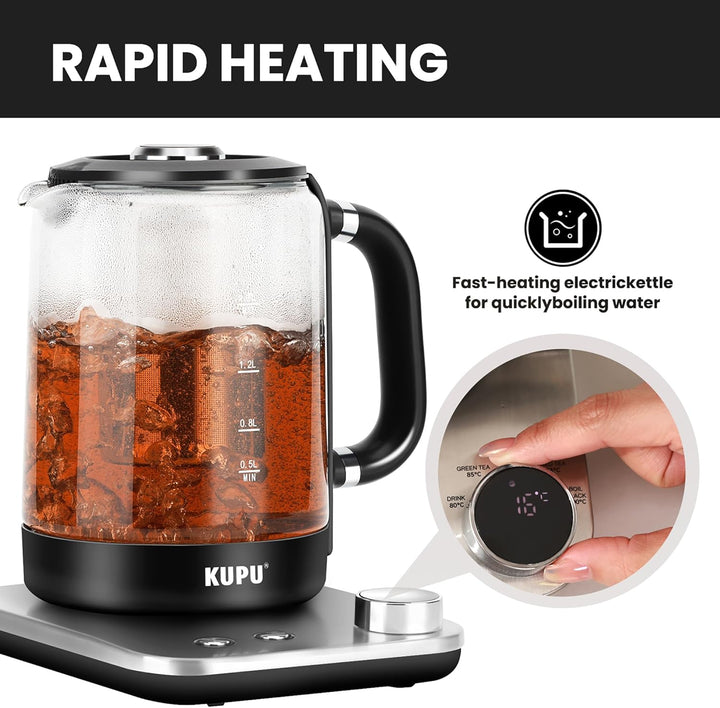 KUPU Glas Wasserkocher mit Temperatureinstellung, 1,6L Wasserkocher, 2200 Watt schnelles Aufheizen,