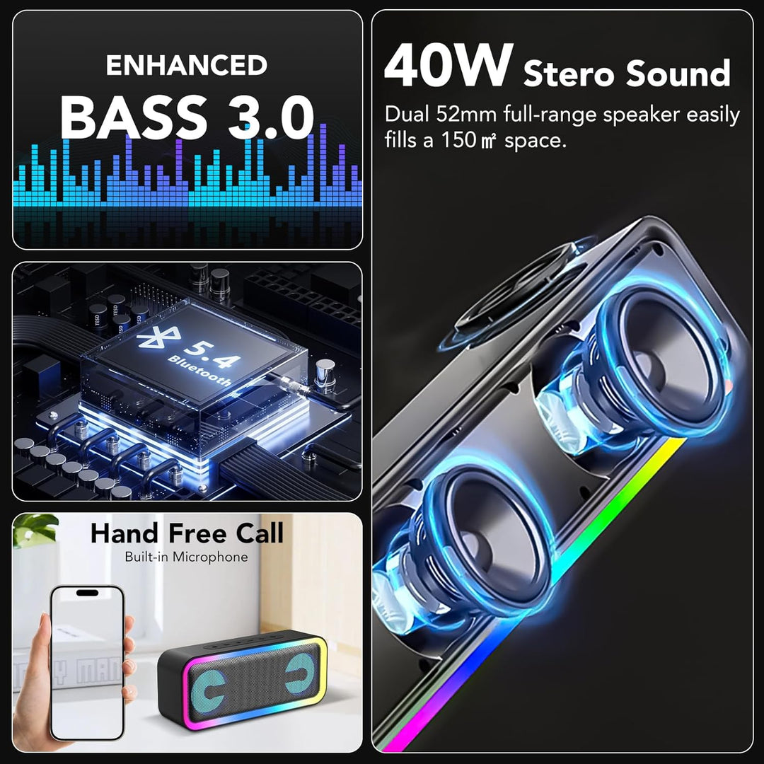 Bluetooth Lautsprecher mit Licht, Musikbox Bluetooth 5.4, 30W Stereo Bass Boost, IPX7 Wasserdicht, 7