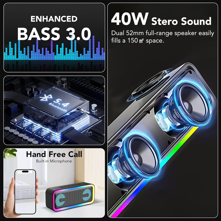 Bluetooth Lautsprecher mit Licht, Musikbox Bluetooth 5.4, 30W Stereo Bass Boost, IPX7 Wasserdicht, 7