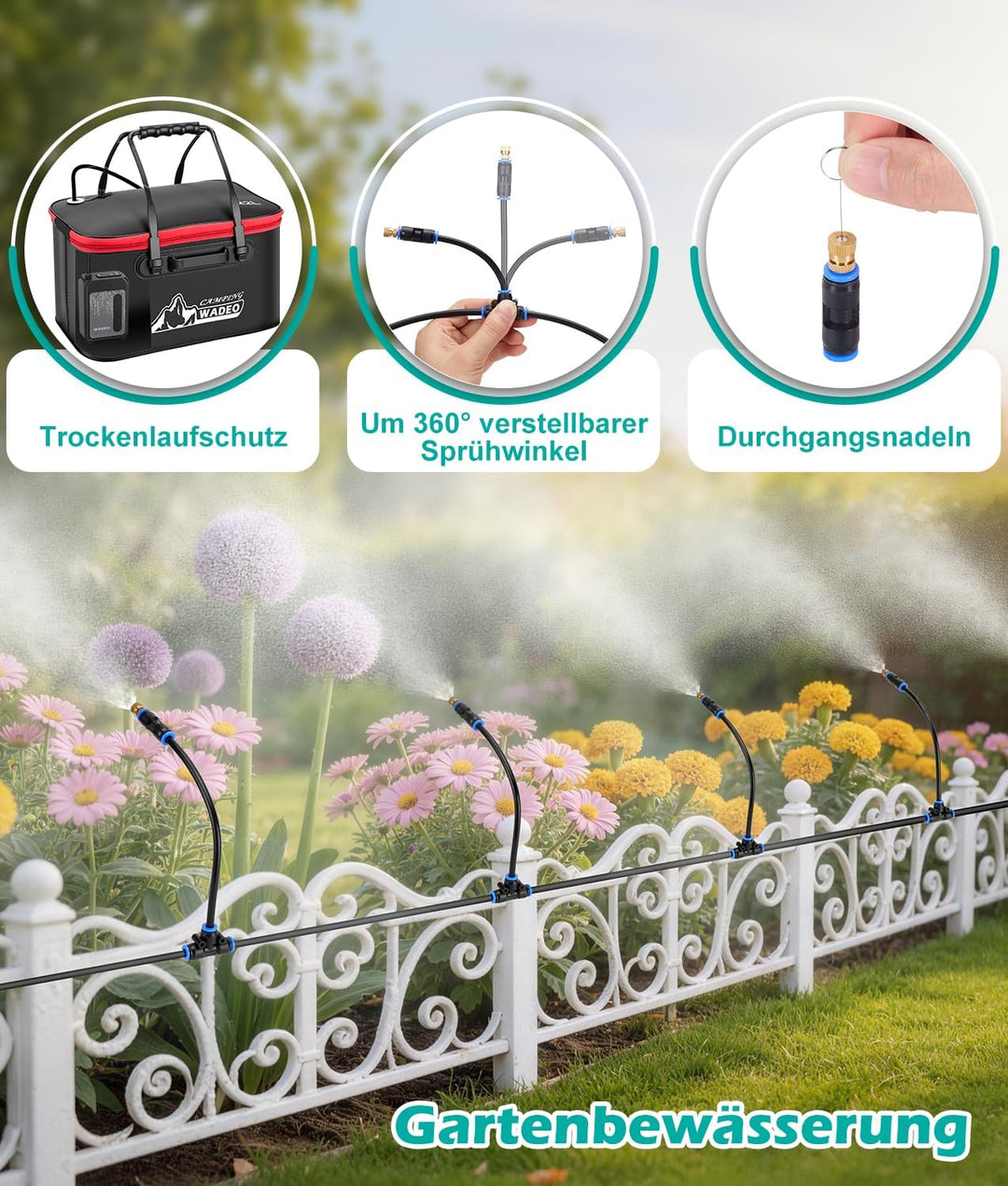 WADEO Sprühnebel Kühlung Nebelkühlsystem mit 6000-mAh-Pumpe, 22-Liter-Wassereimer, 8 m Schlauch, 8 M