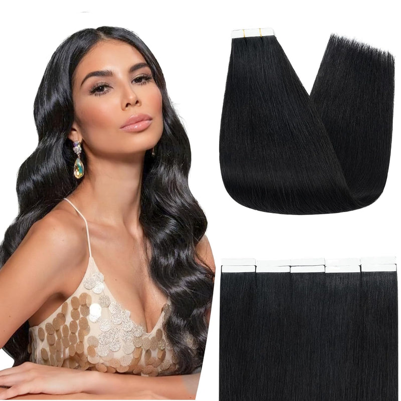 S-noilite Tape Extensions Echthaar 10pcs Extensions Echthaar Tiefschwarz Tape In Extensions Echthaar