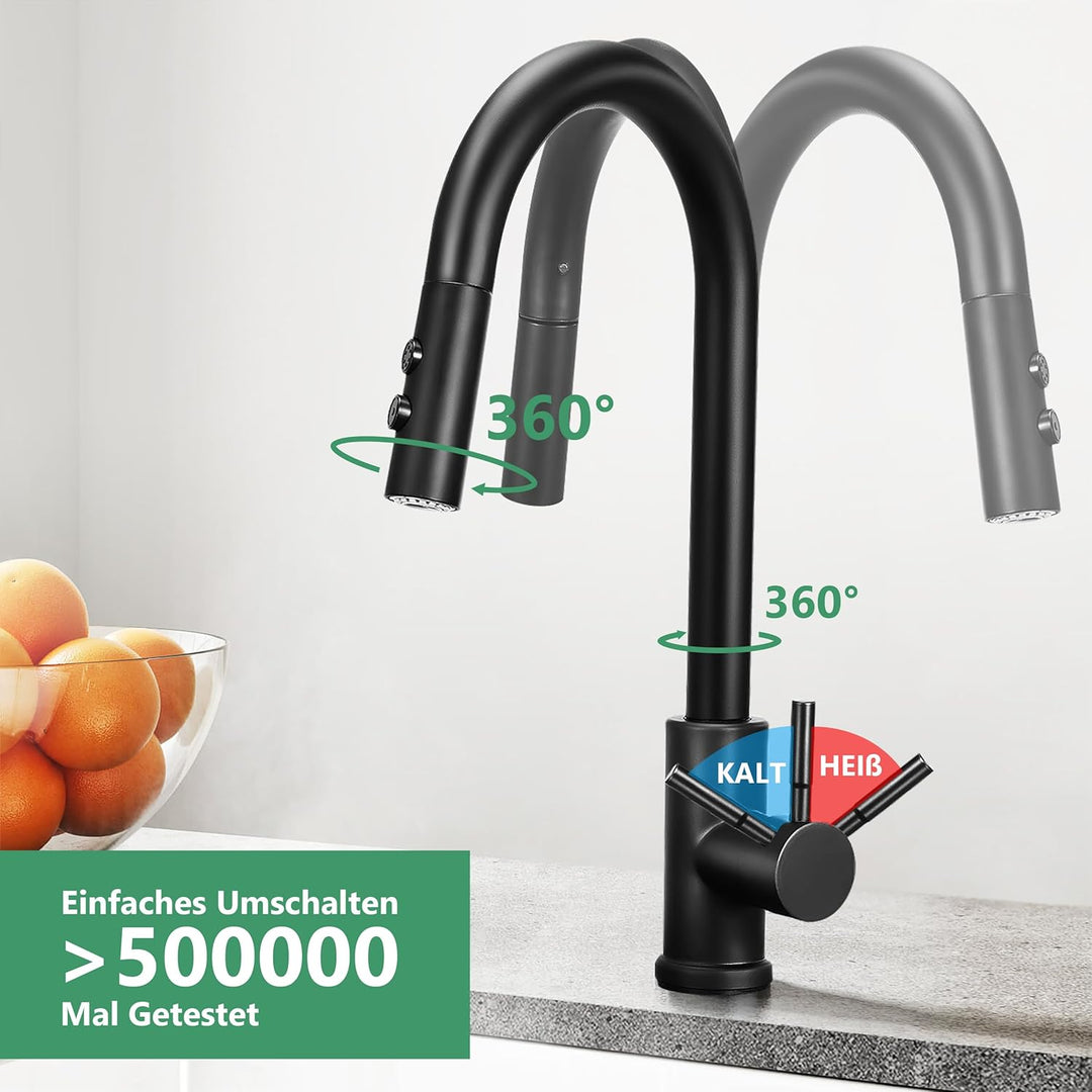 Wasserhahn Küche Schwarz Ausziehbare Küchenarmatur mit 50 cm Brauses chlauch – 360° Drehbar, 2 Sprüh