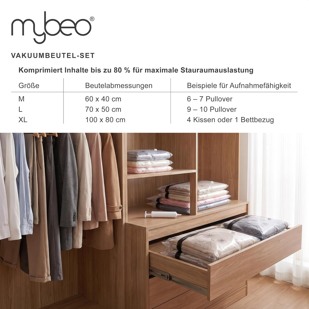 Mybeo – Vakuumbeutel – Set aus 10 Beuteln – 2 verschiedene Grössen XL L – Kompressionsbeutel mit Pum