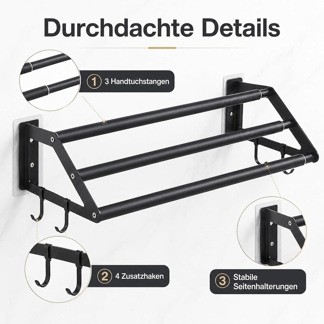Handtuchhalter Bad 3-lagig Ohne Bohren, 34.5-62cm Ausziehbarer Handtuchstange Schwarz, Edelstahl Bad
