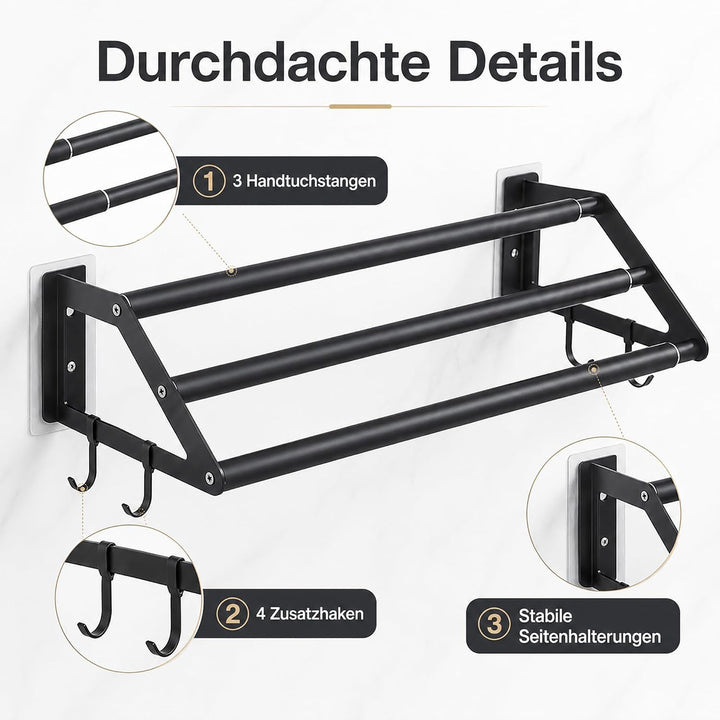 Handtuchhalter Bad 3-lagig Ohne Bohren, 34.5-62cm Ausziehbarer Handtuchstange Schwarz, Edelstahl Bad