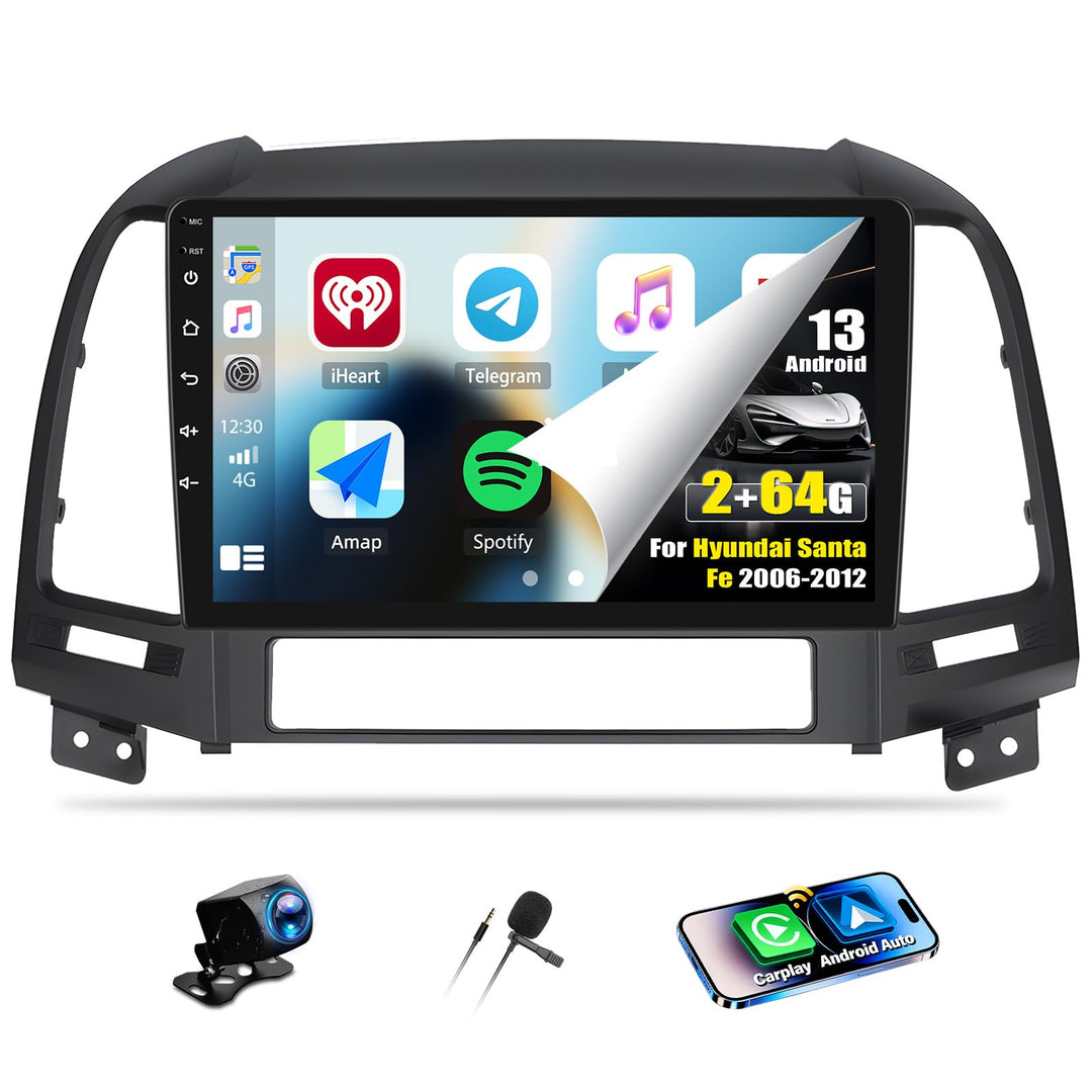 CAMECHO 2+64G Android 13 Navi Autoradio für Hyundai Santa Fe 2006-2012 mit 9 Zoll Touchscreen HD Rüc