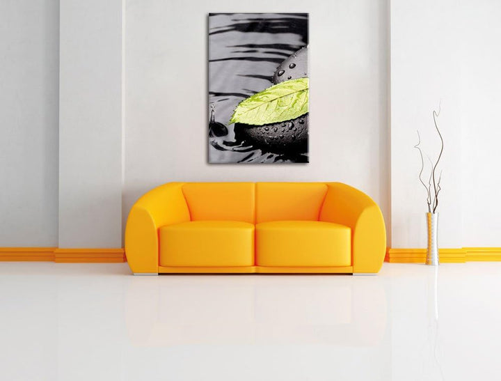 Stein mit Blatt, Format: 100x70 auf Leinwand, XXL riesige Bilder fertig gerahmt mit Keilrahmen, Kuns