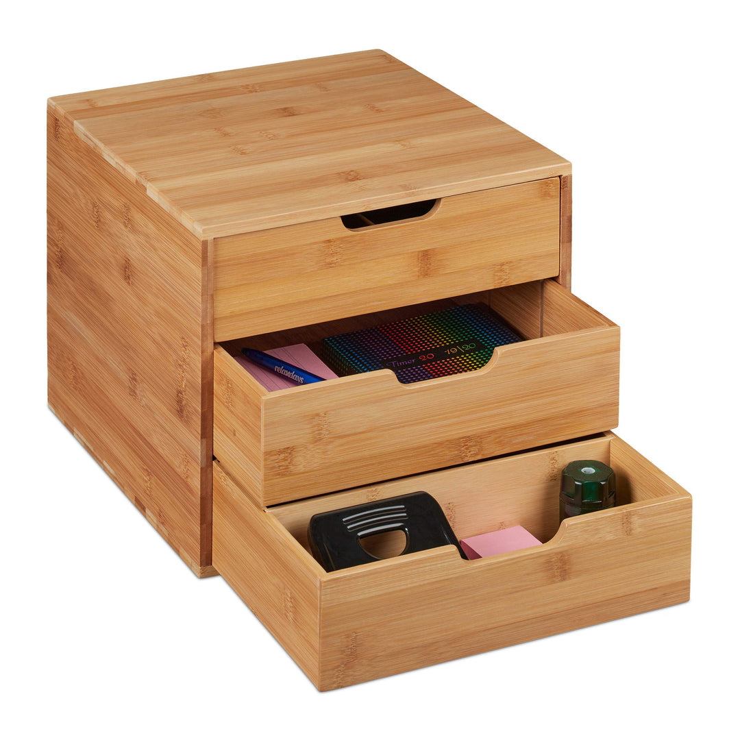 Relaxdays Schreibtisch Organizer, 3 Schubladen, für Büroutensilien, Bambus Ablage, Schubladenbox, HB