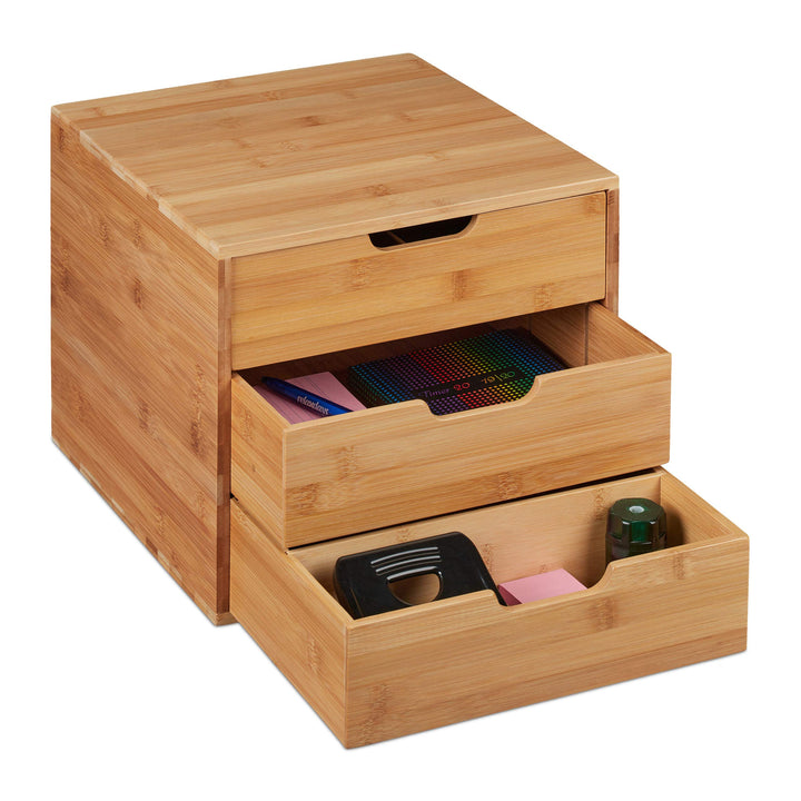 Relaxdays Schreibtisch Organizer, 3 Schubladen, für Büroutensilien, Bambus Ablage, Schubladenbox, HB