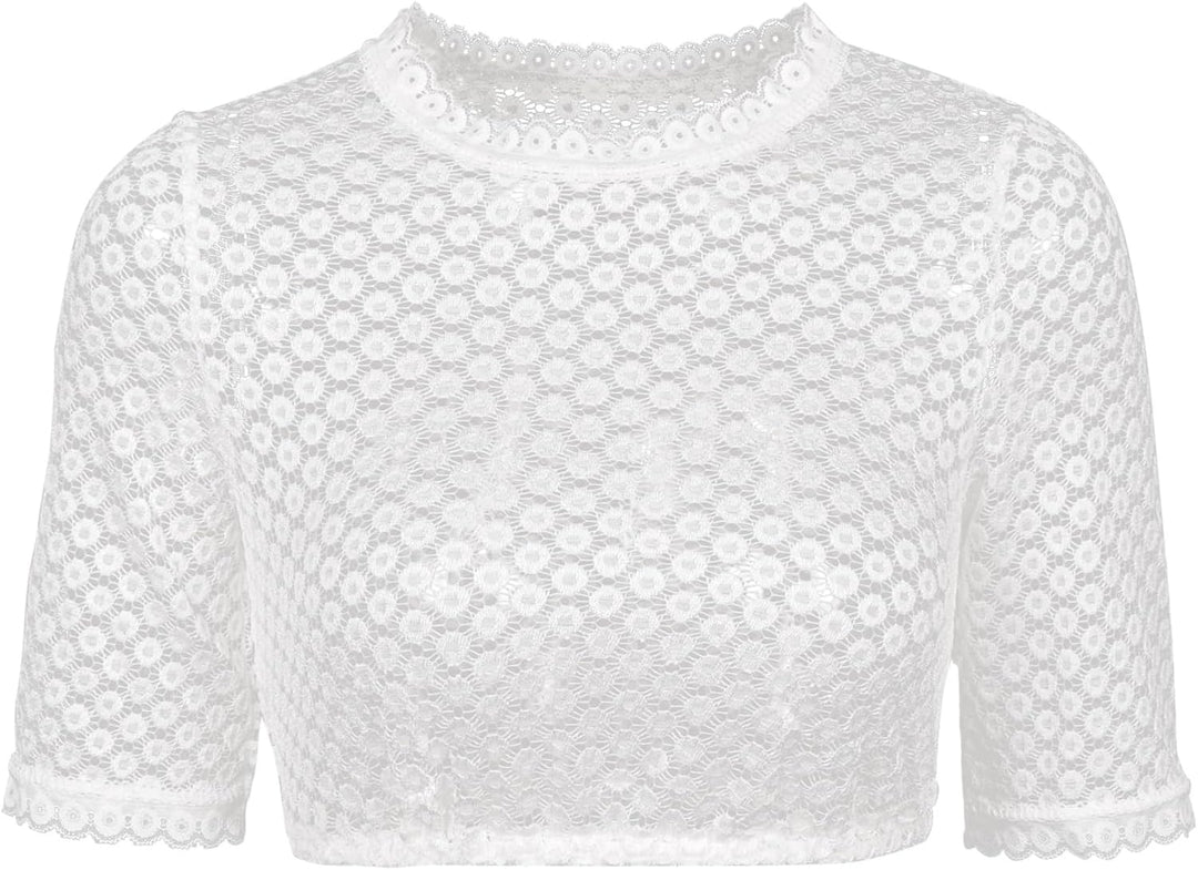 Dirndlwelle Oktoberfest Damen Dirndlbluse Kurzarm Rundhals Spitzebluse Weiss Schön Kurzarm Trachtenb