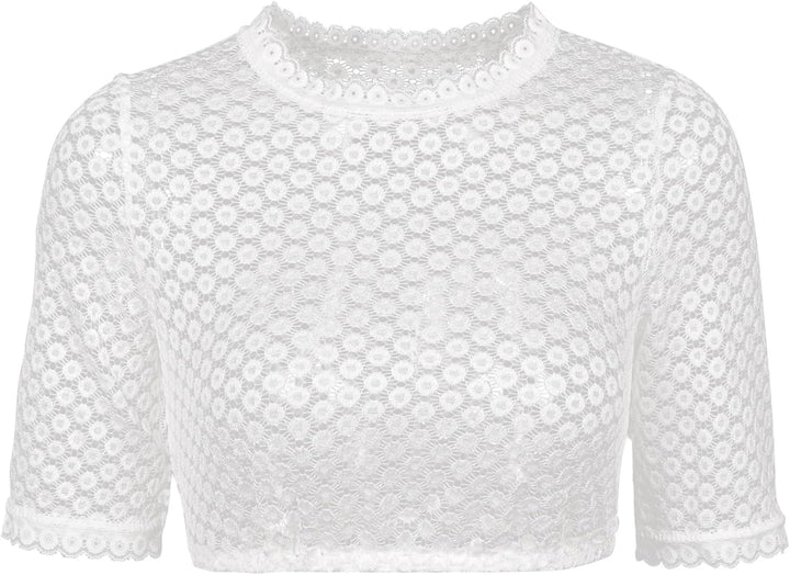 Dirndlwelle Oktoberfest Damen Dirndlbluse Kurzarm Rundhals Spitzebluse Weiss Schön Kurzarm Trachtenb