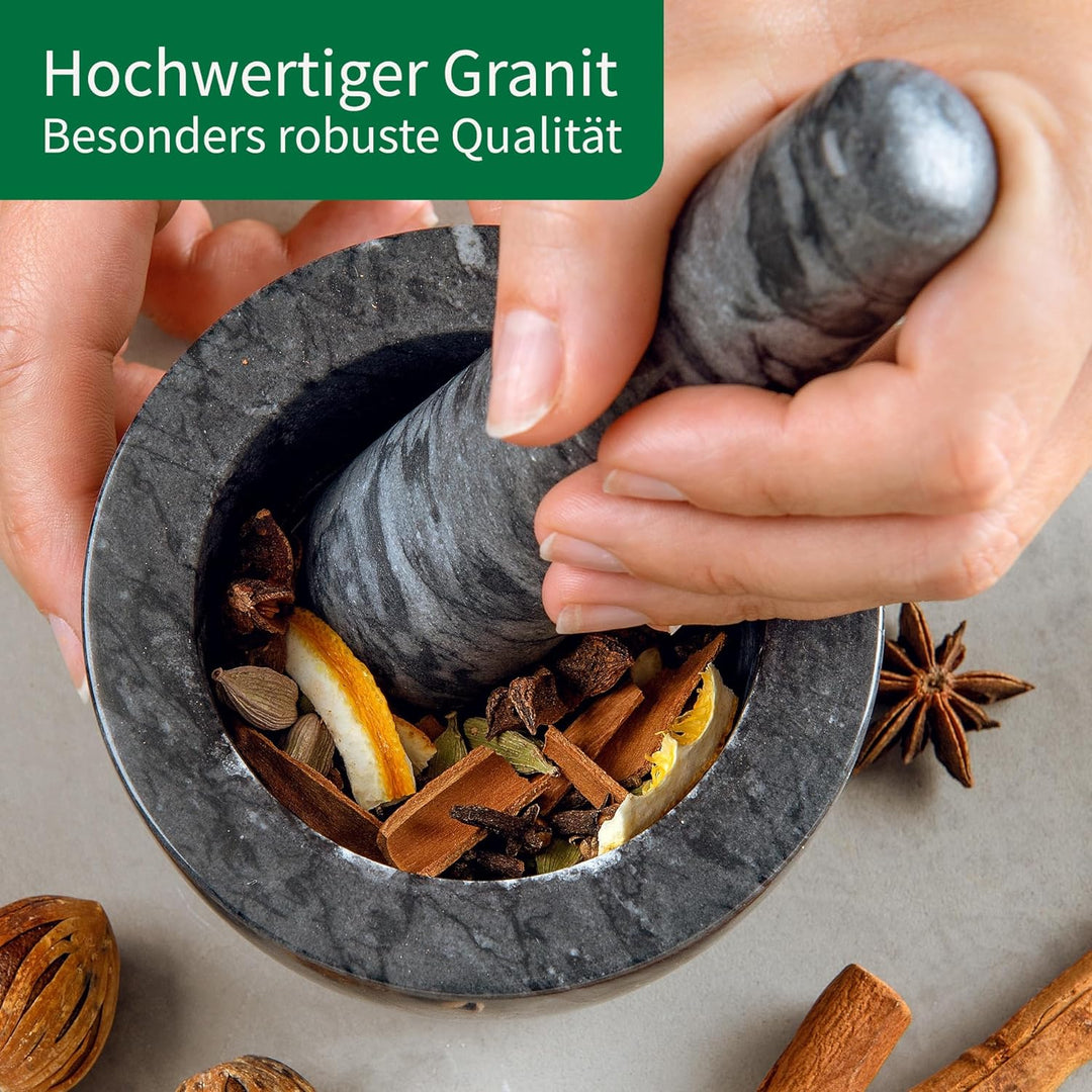 Chefkoch Mörser mit Stössel aus Granit – Zum Zerleinern, Mahlen & Zerstossen – Perfekt für frische K