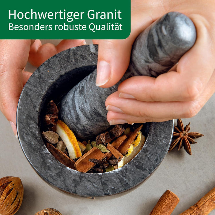 Chefkoch Mörser mit Stössel aus Granit – Zum Zerleinern, Mahlen & Zerstossen – Perfekt für frische K