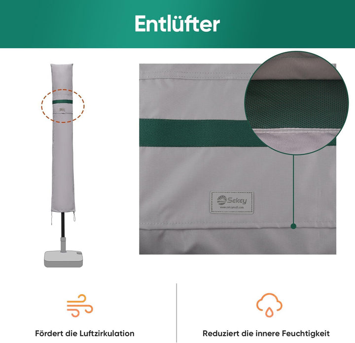 Sekey Sonnenschirm Schutzhülle mit Stab, Abdeckhauben für Ø 300 cm Gartenschirm mit Belüftungsöffnun