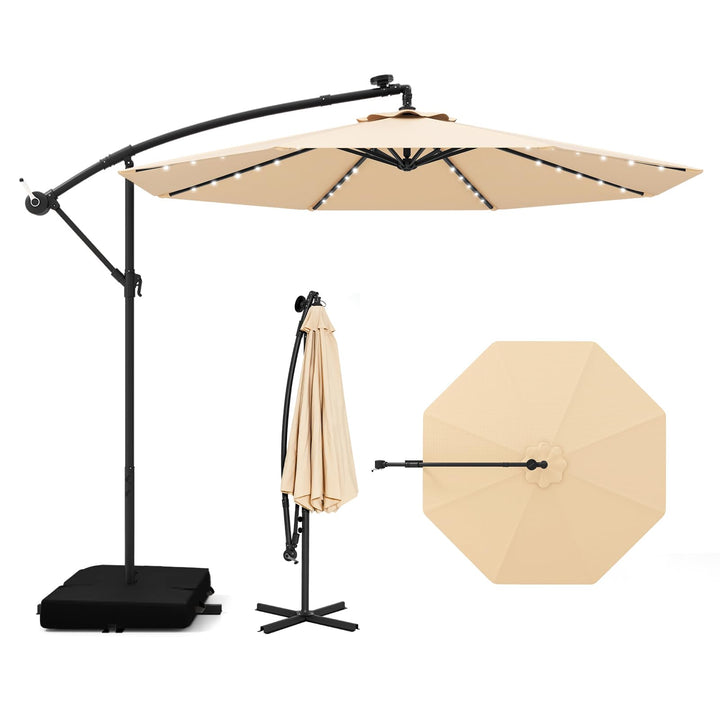 COSTWAY 300 cm Sonnenschirm mit Ständer und LED-Leuchten, Ampelschirm mit Kurbel, Gartenschirm, UV-S