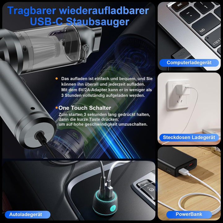 Handstaubsauger, 26000 Pa 4-In-1 Mini Staubsauger Akku Kabellos mit Digitalanzeige 1-Knopf-Selbstent