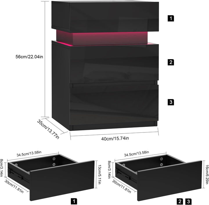 Lvhecforhm Schwarz Nachttisch mit 3 Schubladen, Nachttisch mit LED, Einstellbare Farben, Hochglanz L