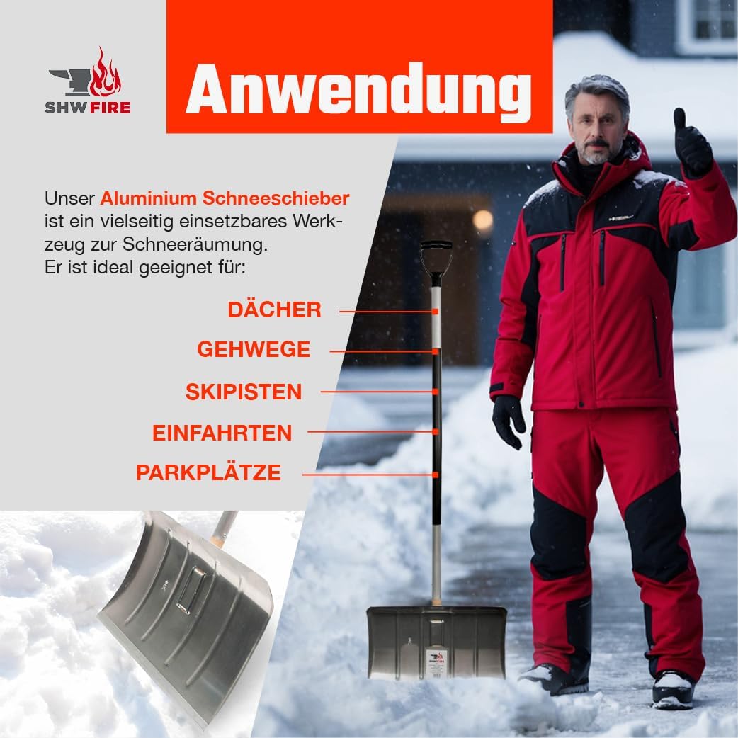 SHW-FIRE Alu-Schneeschieber mit ergonomischem Griff und Alu-Stiel, 55cm Breite - Ideal für viel Schn