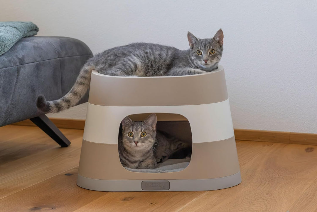 Kerbl Pet Katzenhöhle Bianca, Katzenhaus mit Liegekissen, Katzenbett, Polypropylen, Taupe/weiss/grau