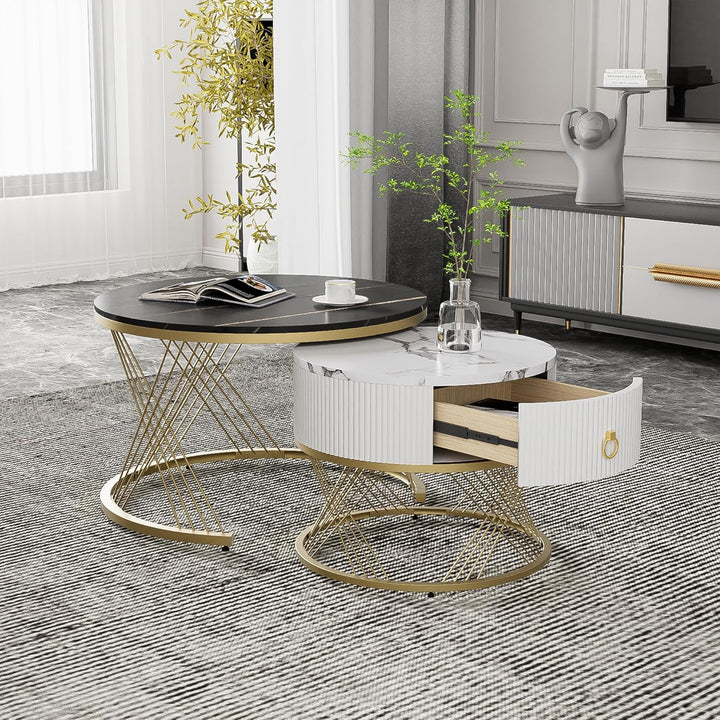 Merax Couchtisch 2er-Set, 70x70 cm+50x50 cm, Marmoroptik mit Golddekor, Beistelltisch mit Schubladen