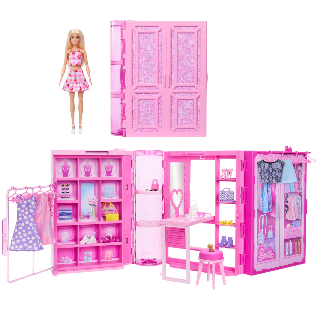 Barbie Traumkleiderschrank Spielzeug, Spielset mit blonder Modepuppe, Moden und Accessoires, knapp 1