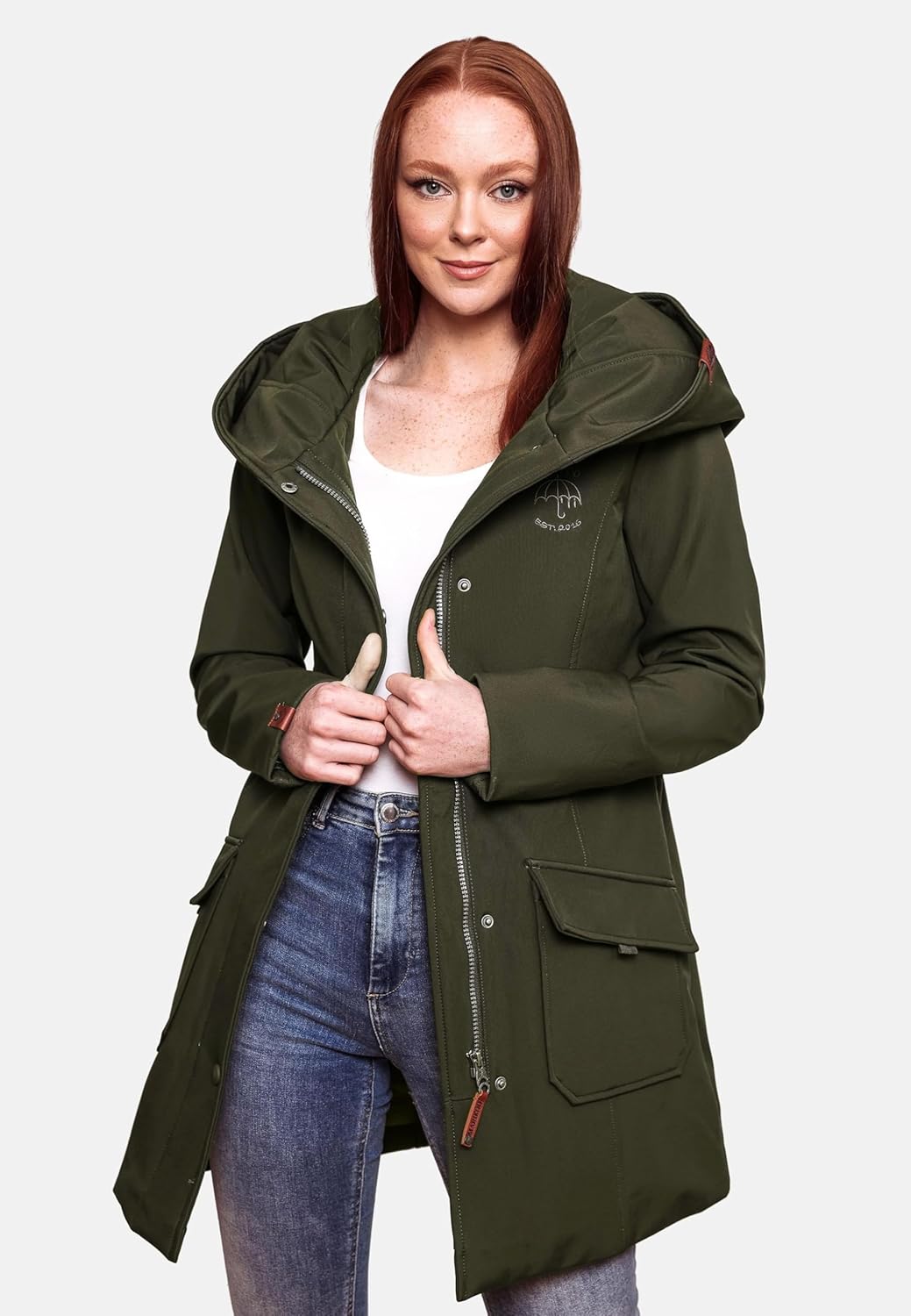 MARIKOO Damen Softshell Jacke Winterjacke wasserabweisend Outdoor lang B856 XS Olive, XS Olive