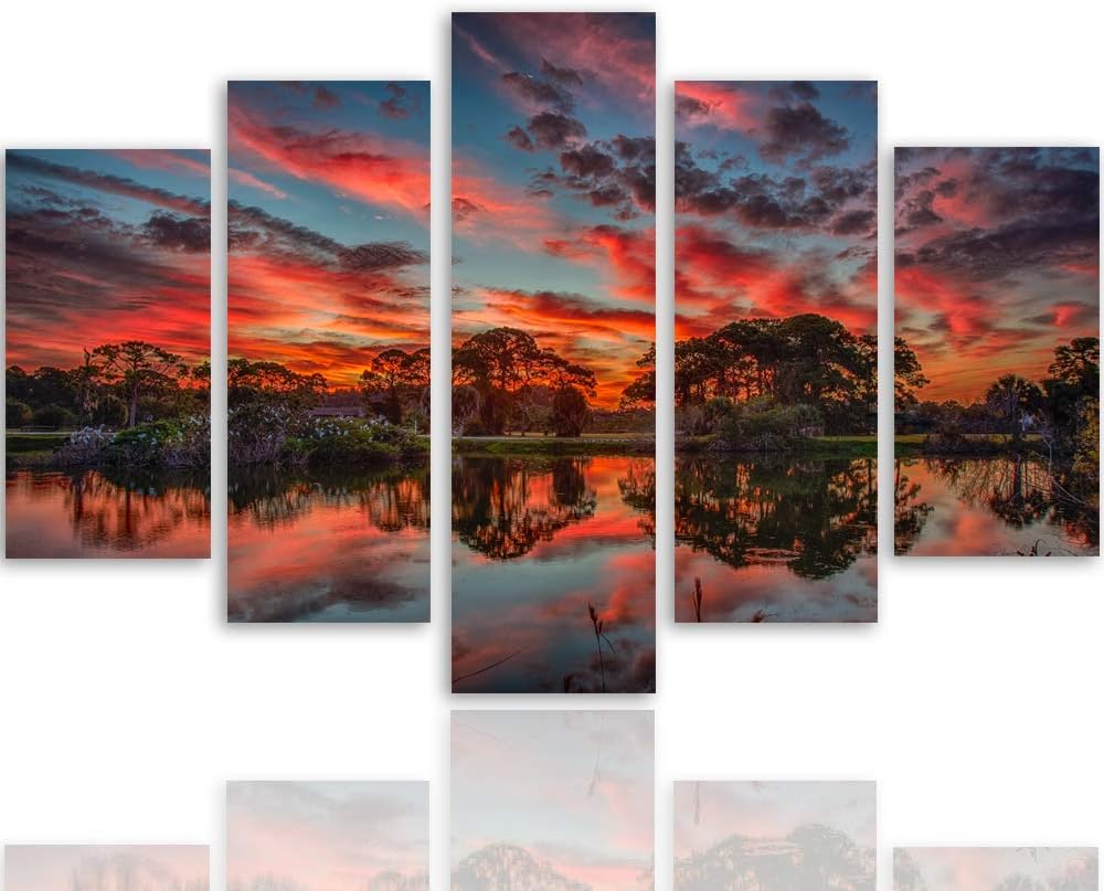 Feeby Bilder Landschaft 200x100 cm - Leinwandbild 5 Teilig XXL Kunstdruck Himmel rot Leinwandbild XX
