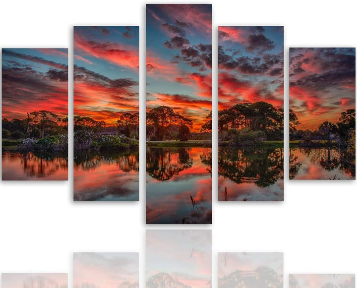 Feeby Bilder Landschaft 200x100 cm - Leinwandbild 5 Teilig XXL Kunstdruck Himmel rot Leinwandbild XX