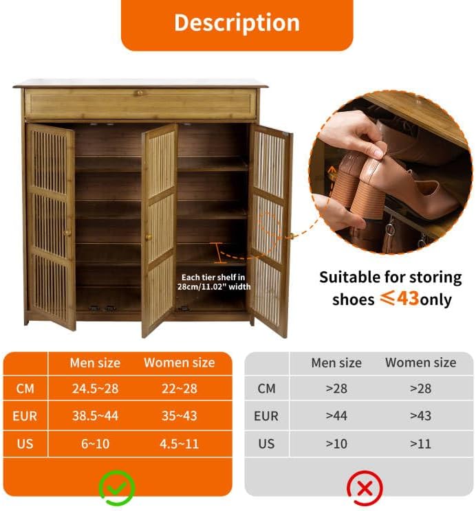 unho Schuhschrank Schuhregal mit 4 Ablagen, 1 Schublade und 3 Türen, Schuhablage für Flur Diele, Sch