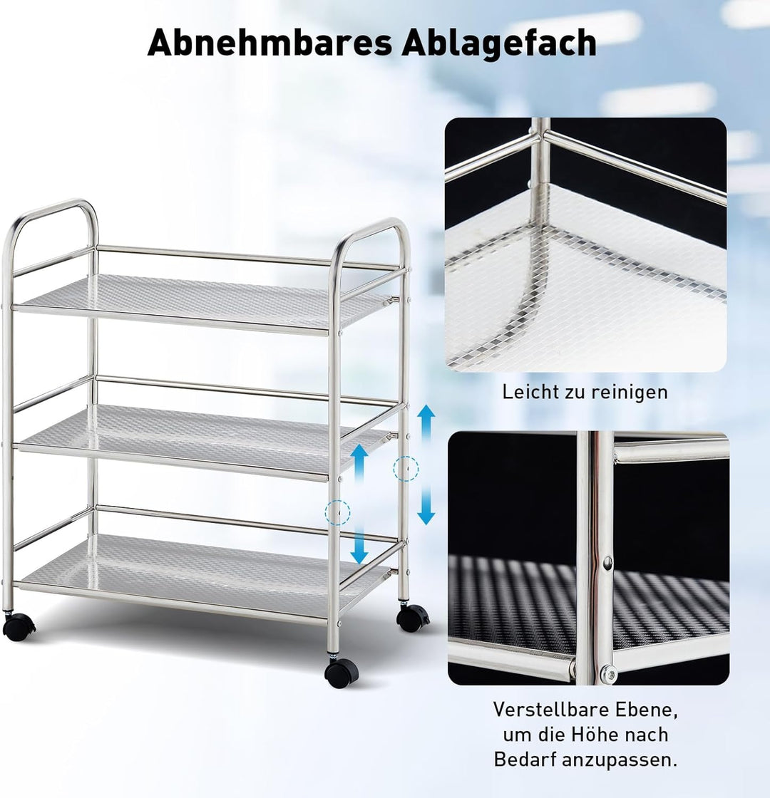 CLIPOP Edelstahl Servierwagen,Rollwagen mit 3 Ebenen Kapazität 150 kg Edelstahlwagen mit Rollen Küch