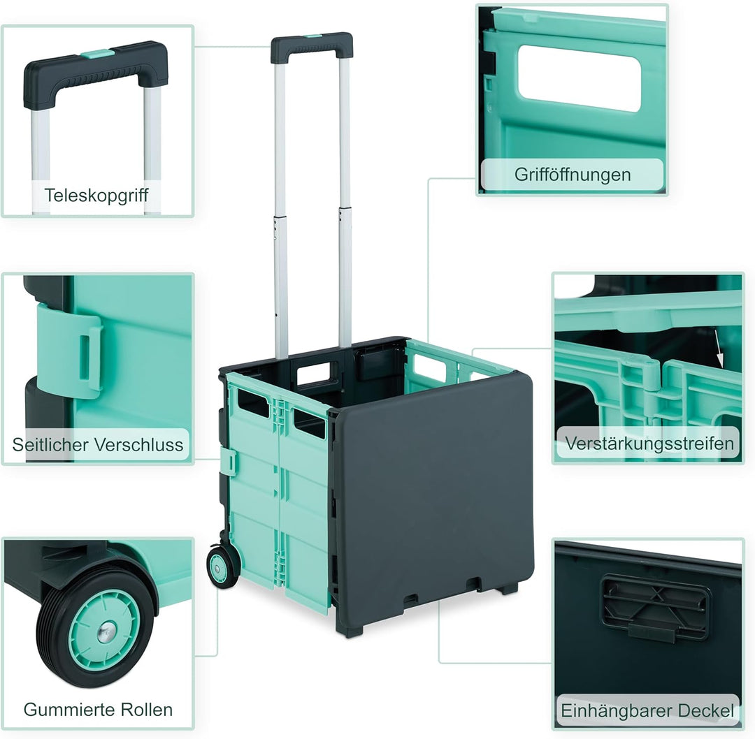 Relaxdays Einkaufstrolley, klappbar, Einkaufskorb mit Rollen, Deckel & Teleskopgriff, bis 35 kg, Rol