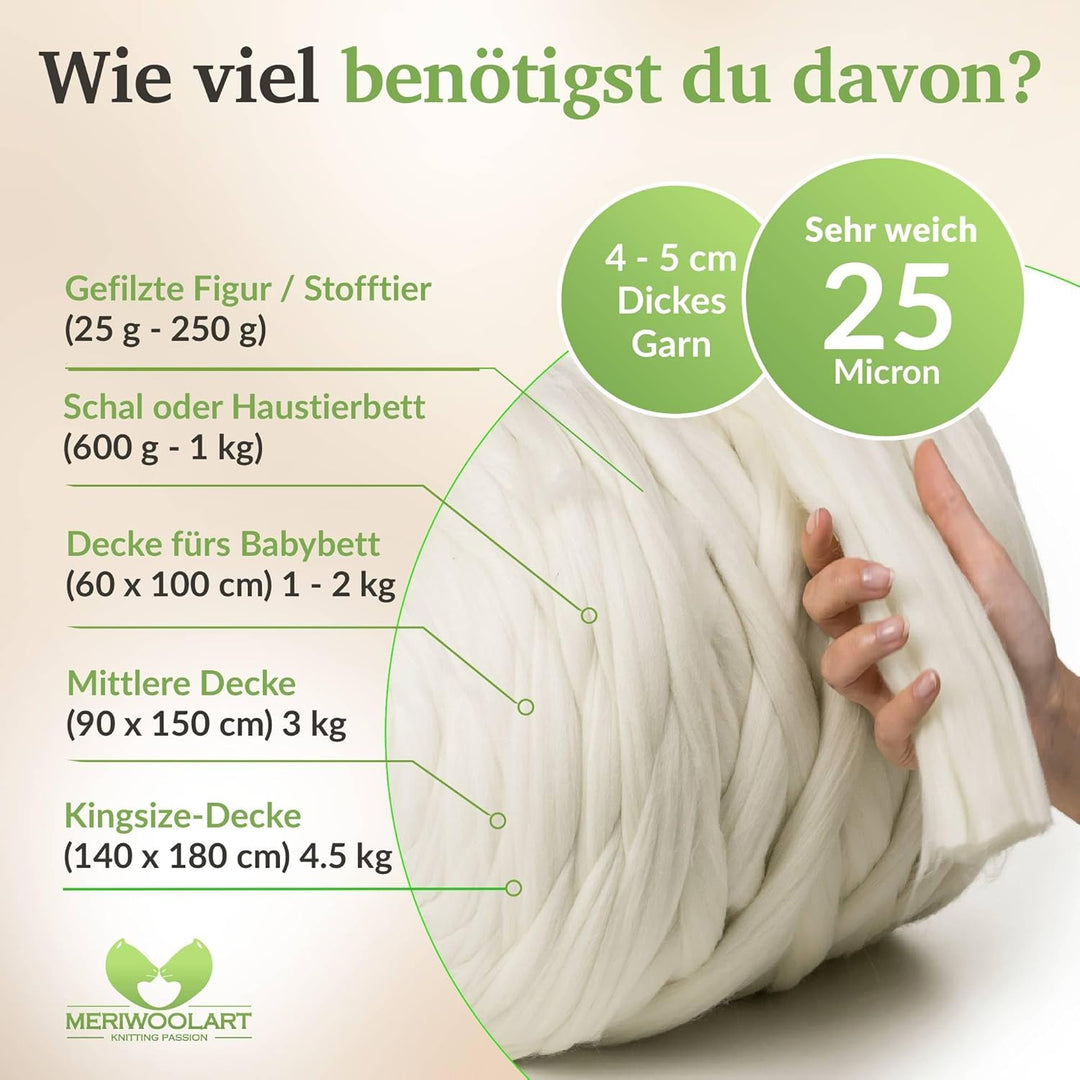 MeriWoolArt® 100% XXL Merino Wolle Garn 4-5cm Dicke Wolle Garn, Filzwolle Trockenfilzen Nassfilzen,