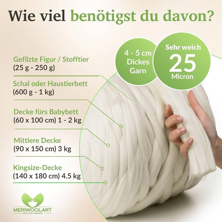 MeriWoolArt® 100% XXL Merino Wolle Garn 4-5cm Dicke Wolle Garn, Filzwolle Trockenfilzen Nassfilzen,