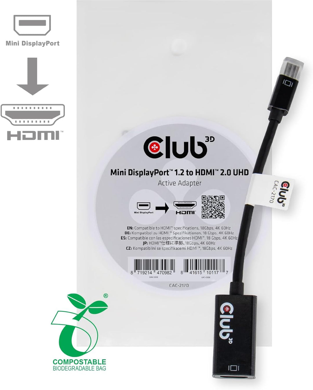 Club 3D CAC-2170 Mini Displayport 1.2 auf HDMI 2.0 UHD Aktiver Schwarz, CAC-2170