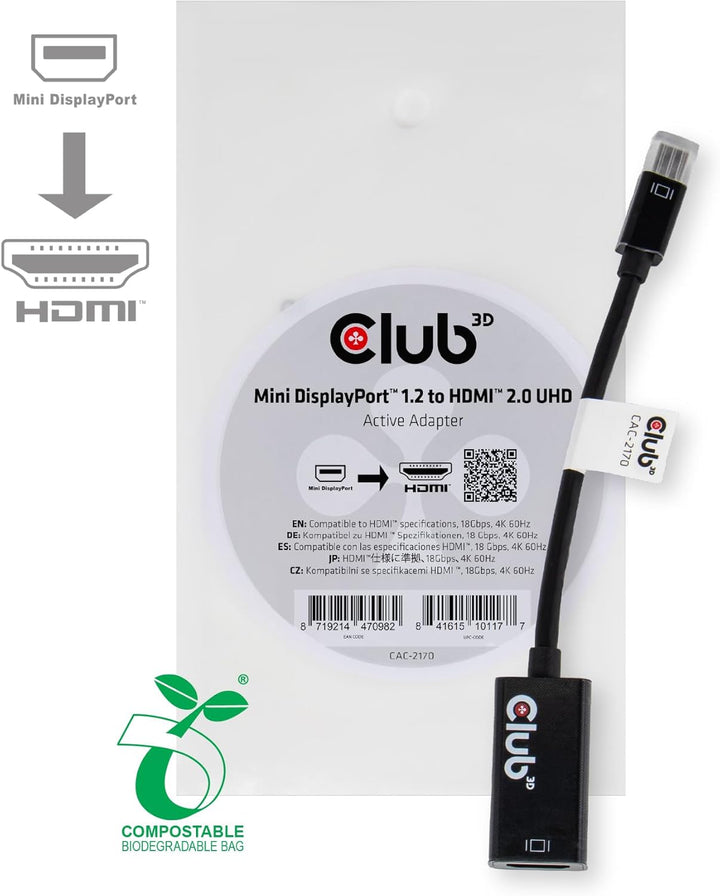 Club 3D CAC-2170 Mini Displayport 1.2 auf HDMI 2.0 UHD Aktiver Schwarz, CAC-2170