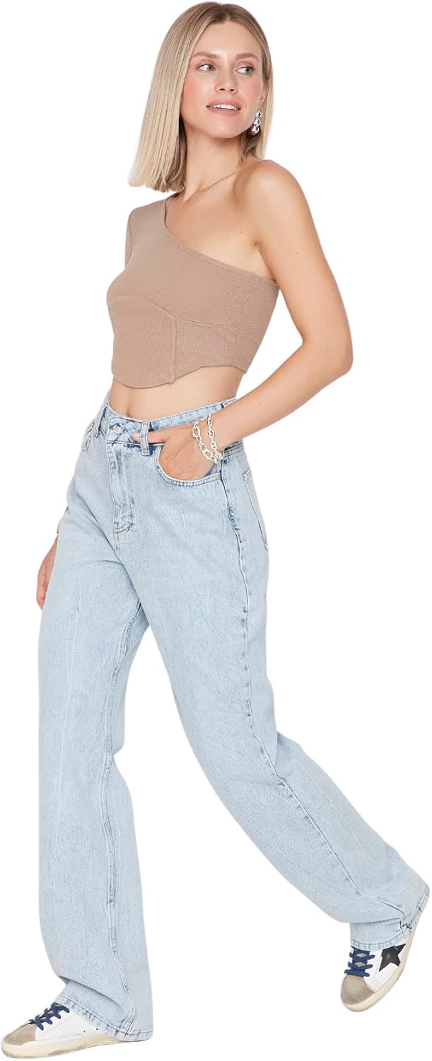 TRENDYOL Damen Herren Hoher Bund Wide Leg Jeans 32 Light Blue, 32 Light Blue