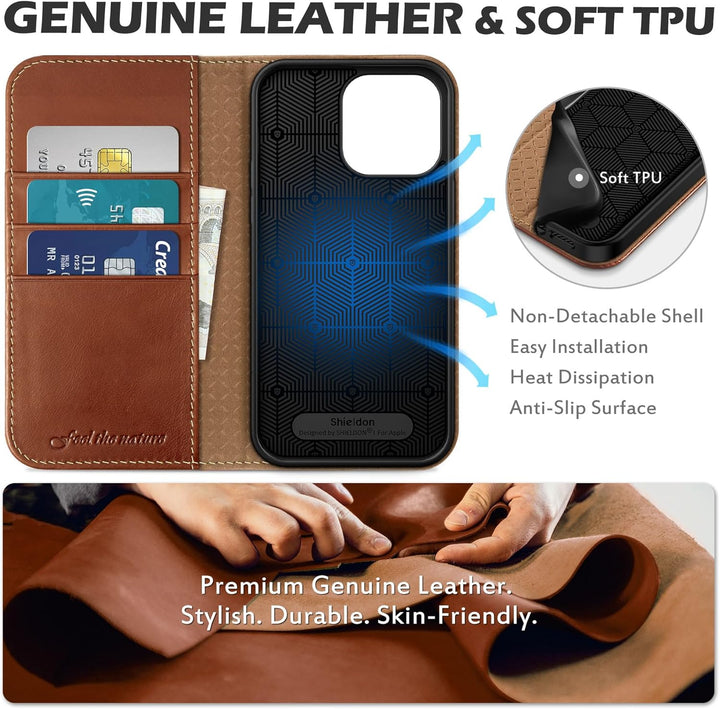 SHIELDON Hülle für iPhone 14 Pro Max Handyhülle [Erstklassig Echtleder] [Kartenfach] [Magnet] [Stand