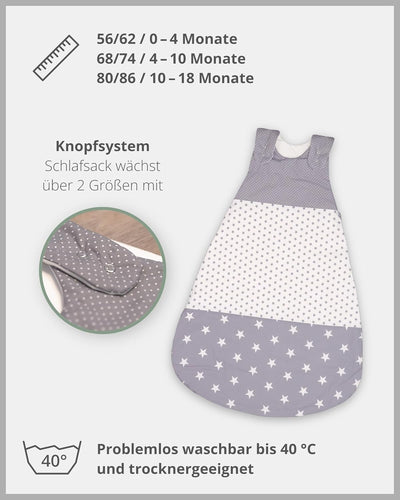 ULLENBOOM Sommerschlafsack Baby Graue Sterne (Made in EU) - Aus OEKO-TEX Materialien - 0,5 TOG, Schl