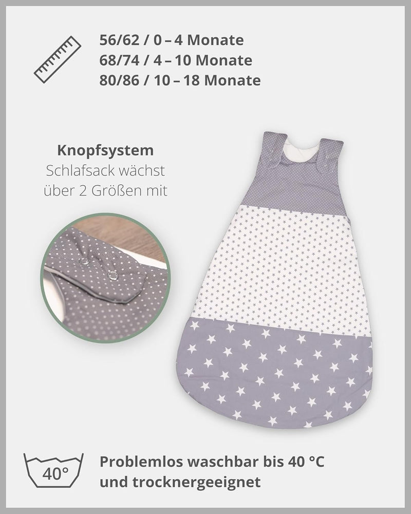 ULLENBOOM Sommerschlafsack Baby Graue Sterne (Made in EU) - Aus OEKO-TEX Materialien - 0,5 TOG, Schl