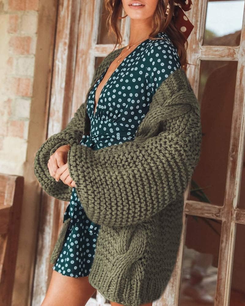 Cicy Bell Damen Strickjacken Cardigan Lose Laternenärmel Elegante Übergrosse Pullover M Armeegrün, M